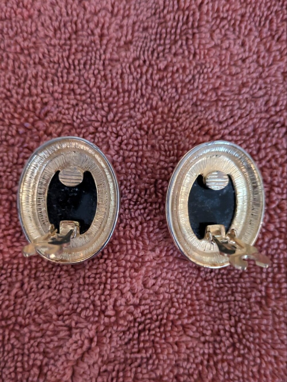 Vintage‎ 80s Gold Black Cabochon Rhinestone Clip On Earrings - Picture 3 of 3